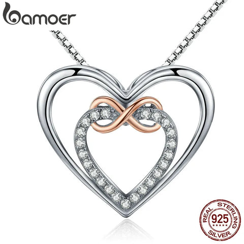 Bamoer 925 Sterling Silver Elegant Double Heart Infinity Love Pendant Necklace for Women Fine Jewelry Anniversary Gift SCN121