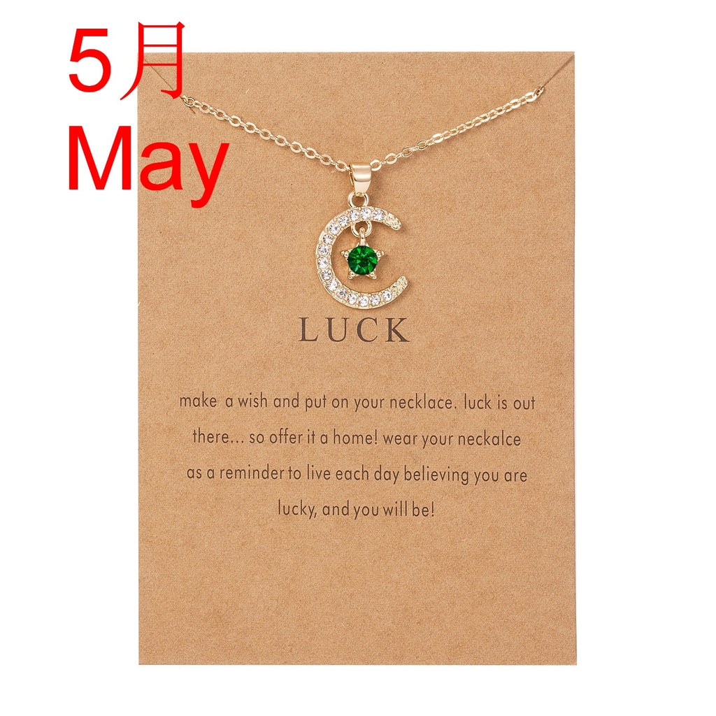 Moon Star Crystal Birthstone Pendant Necklace For Women Choker Mom Birthday Jewelry Gift Gold Color Clavicle Chain Wish Card.