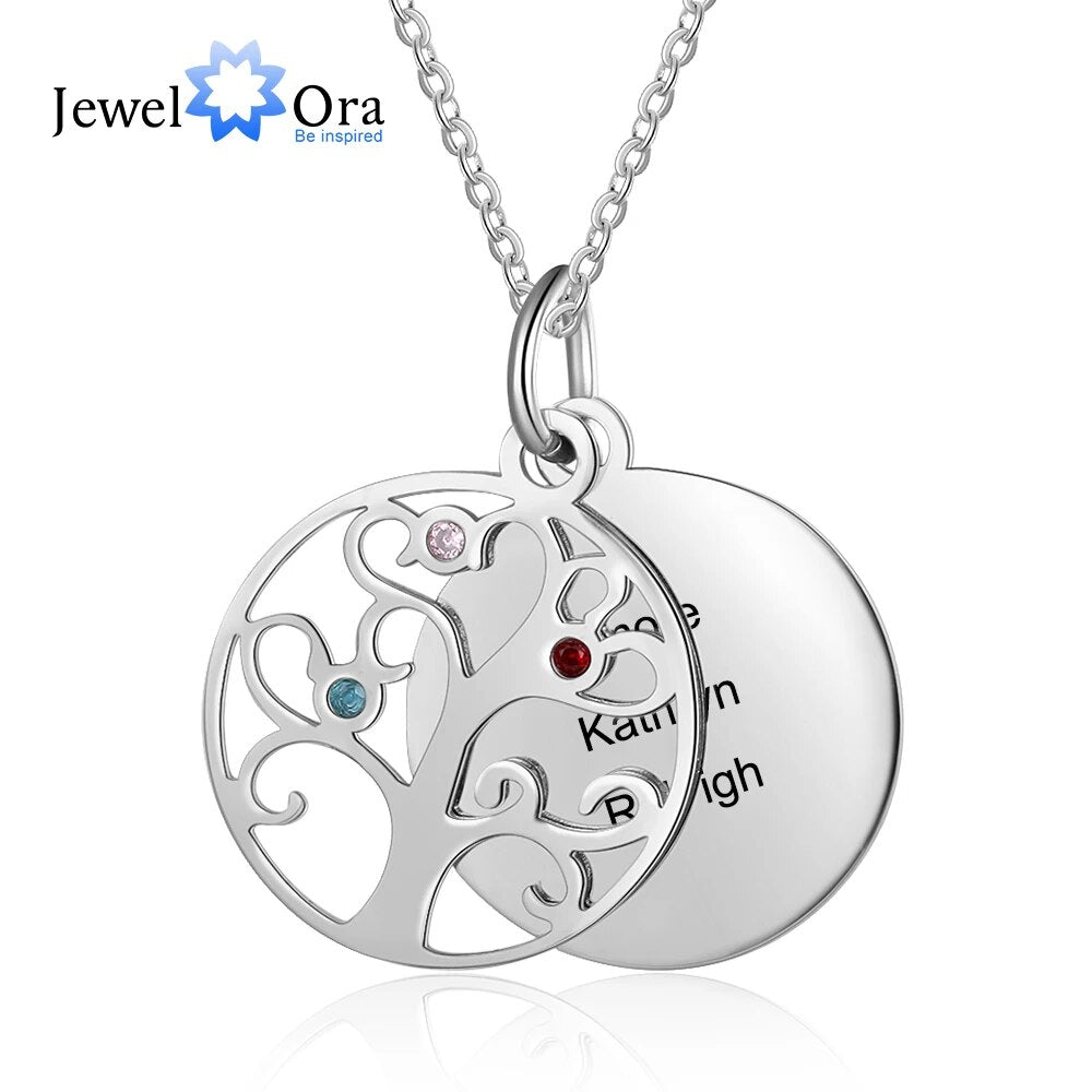 JewelOra Personalized Filigree Family Tree Pendant Necklace with Birthstones Women Custom Name Engraved Tree of Life Necklaces