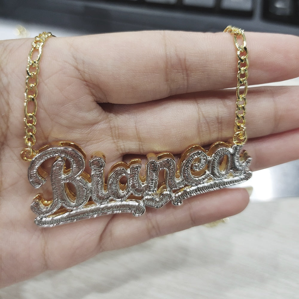 Custom Necklace Double Gold-plated Nameplate 3D Necklace Personalized Necklaces Choker Women Figaro Chain Name Necklace. Your lucky number or handwriting can also be made.