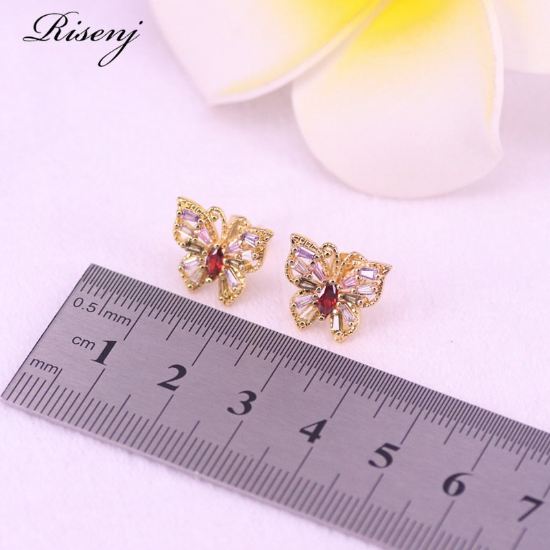 18K Gold Jewelry Set Butterfly Square With Mix Color/White AAA Zircon Jewelry Set  Stud Earrings Necklace Set