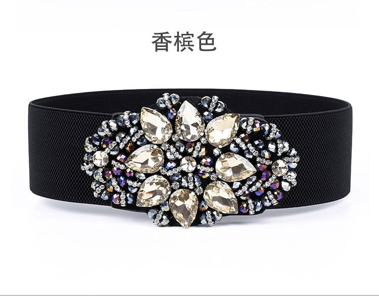 KASURE Luxury Shiny Diamond Wide Waist Belt For Woman Rhinestone Elastic Waistband Ladies Colorful Crystal Dress Decoration
