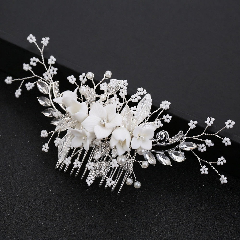 White Flower Rhinestone Pearl Hair Comb Bridal Hair Accessories Elegant Wedding Hair Comb Women Head Ornaments Headband