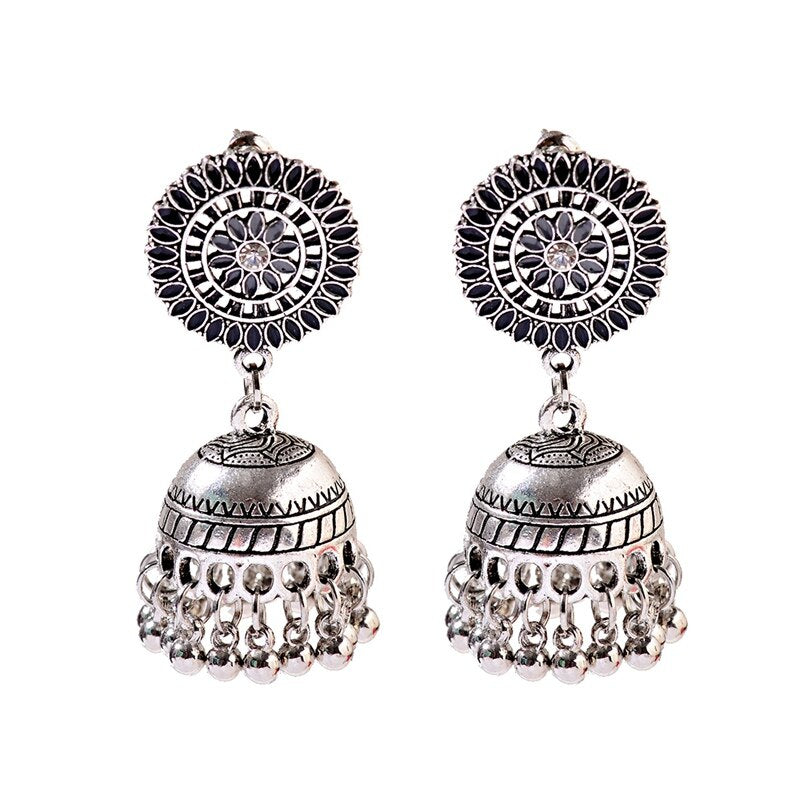 Ethnic Hollow Flower Turkish Jhumka Earrings For Women Vintage Indian Jewelry Silver Color Bell Tassel Dangling Earrings