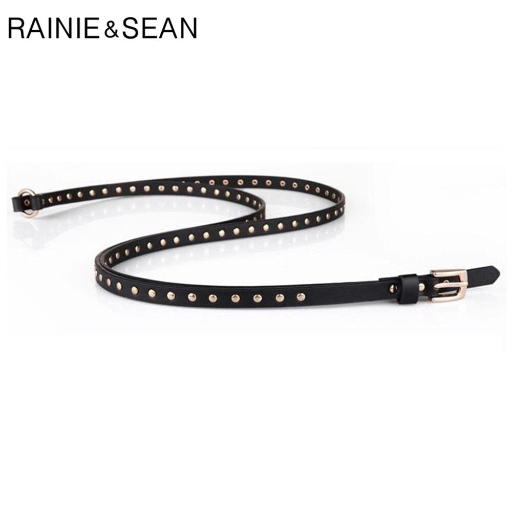 RAINIE SEAN Punk Rock Belts for Women Black Rivet Women Belt Streetwear Thin Extra Long 190cm Ladies Pin Buckle Leather Belt