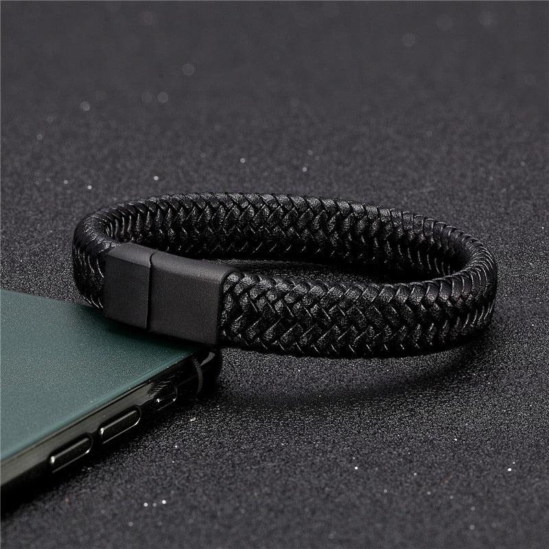 MKENDN Punk Men Leather Bracelet Black Stainless Steel Magnetic Clasp Braided Woven Bangle Pulseras lovers&#39; gift