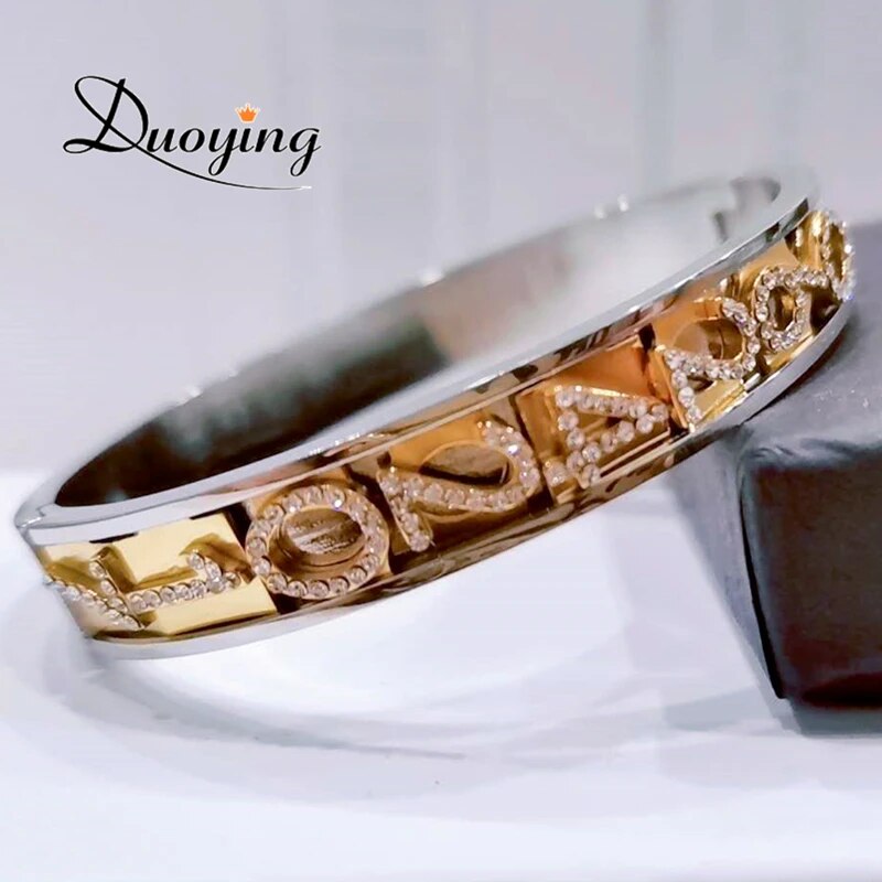 Duoying 316L Stainless DIY Slider Charms Bangles Custom Name Bracelets Bangle Zirconia Letters Bangles Personalized Bangles