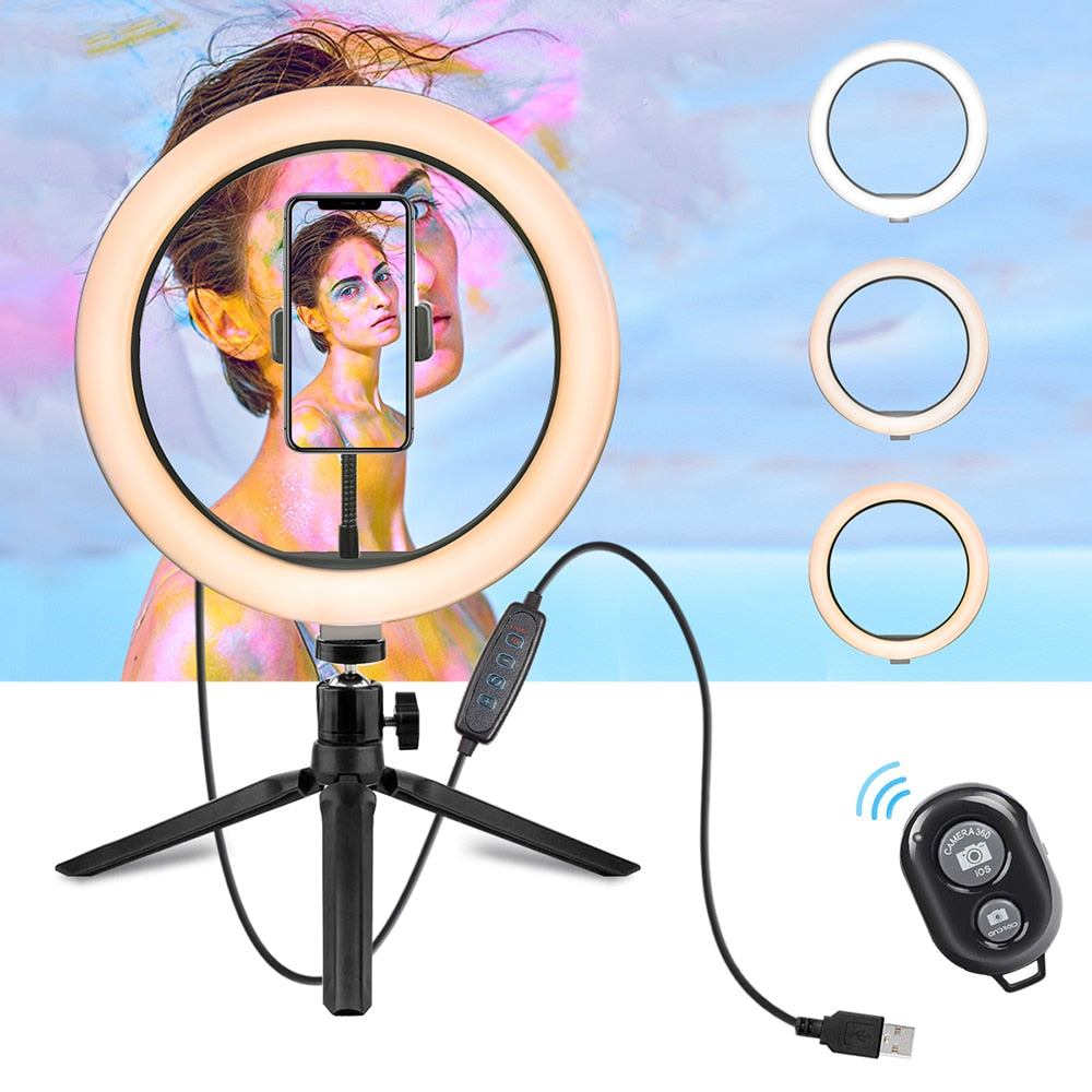 10 Inch 26cm Circle Ruond Light with Stand 3 Color LED Camera Selfie Light Circle round for iPhone Tripod and Phone Holder for Video Photography
