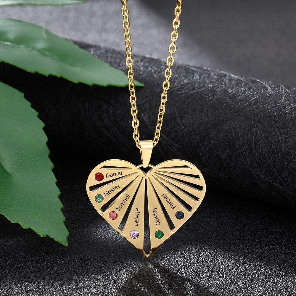 Personalized 6 Birthstones Necklaces for Women Custom Name Heart Stainless Steel Pendant Necklace Family Mother Gift (NE103425)