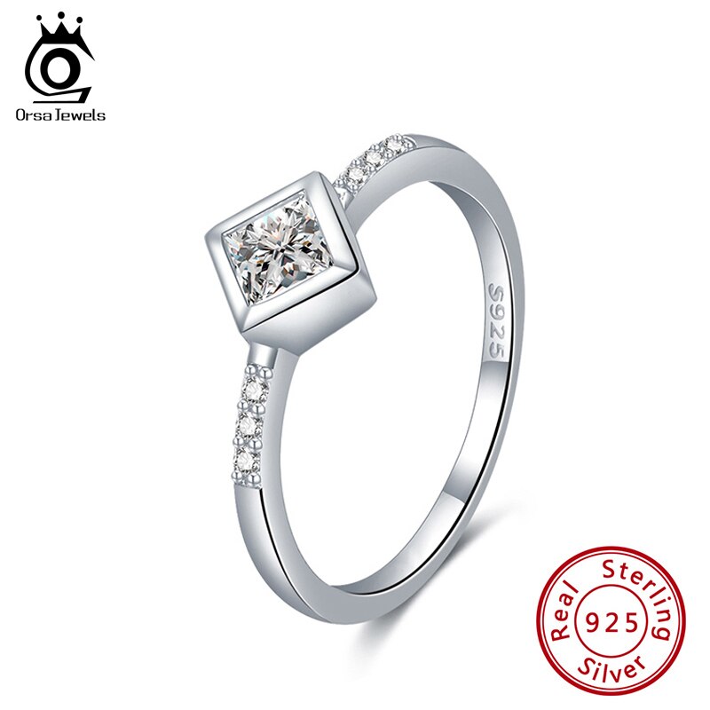 ORSA JEWELS Solid 925 Sterling Silver Women Wedding Solitaire Ring AAAA Round Cubic Zircon Fashion Finger Ring Jewelry SR116