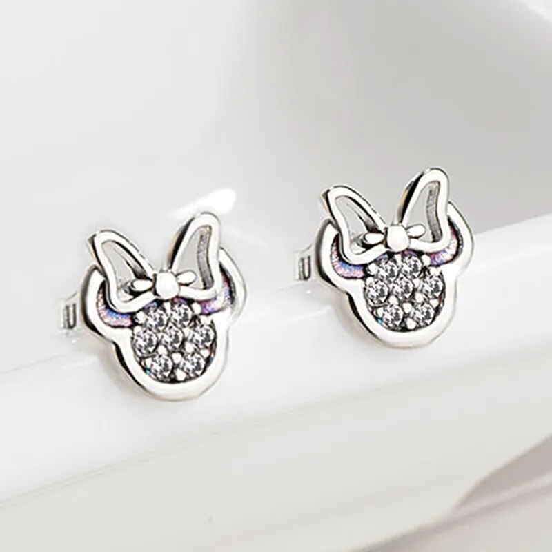 Hight Quality Silver Color CZ Zirconia Stud Earrings for Girls Kids Baby Lovely Minnie Shape Crystal Earrings Jewelry Gift