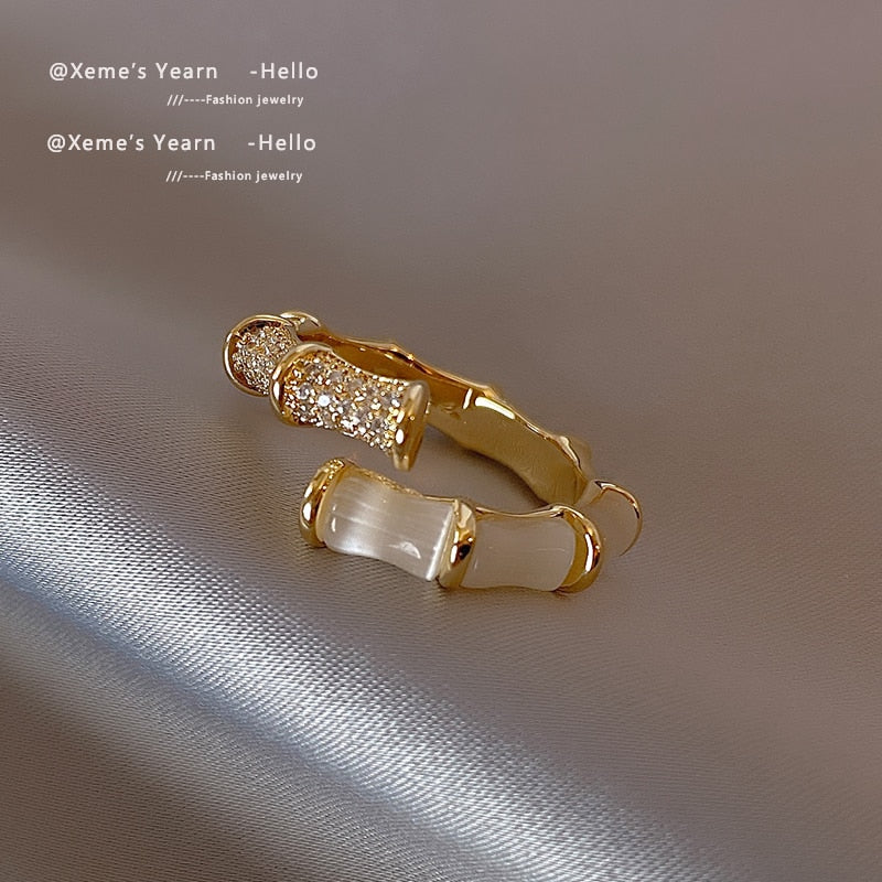 2022 New Design Opals Bamboo Shape Gold Colour Adjustable Rings Korean fashion Jewelry Party Luxury Accessory For Woman‘s Gift