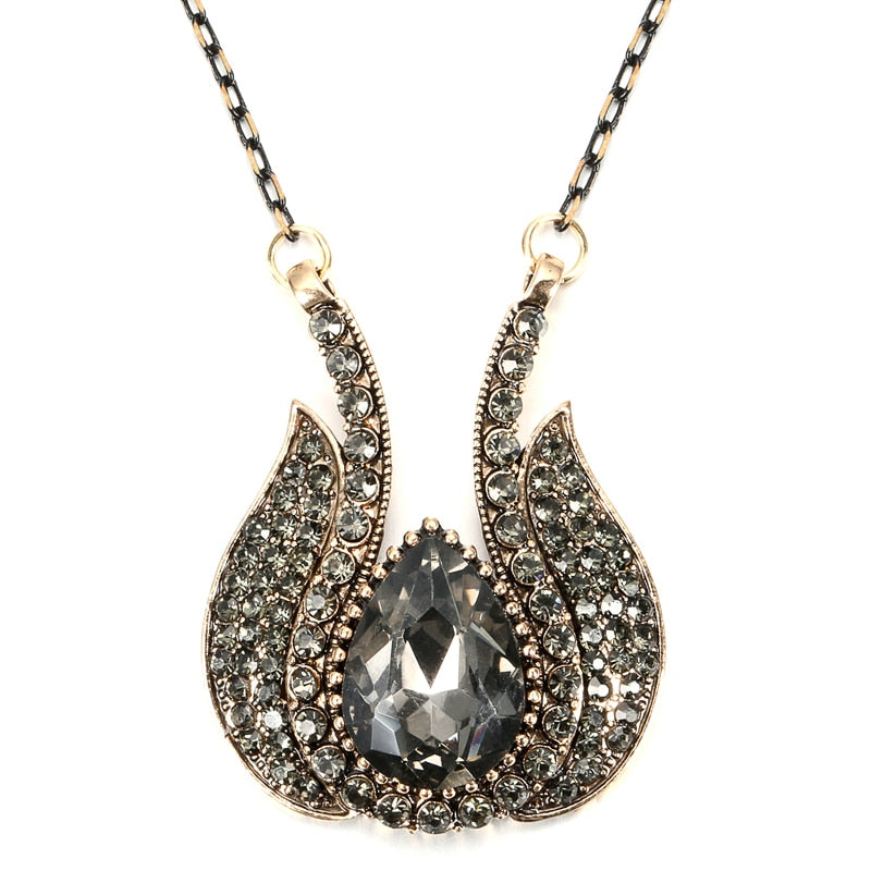 Kinel Unique Gray Crystal Pendant Necklace For Women Antique Gold Color Vintage Jewelry Party Accessories Luxury Gifts