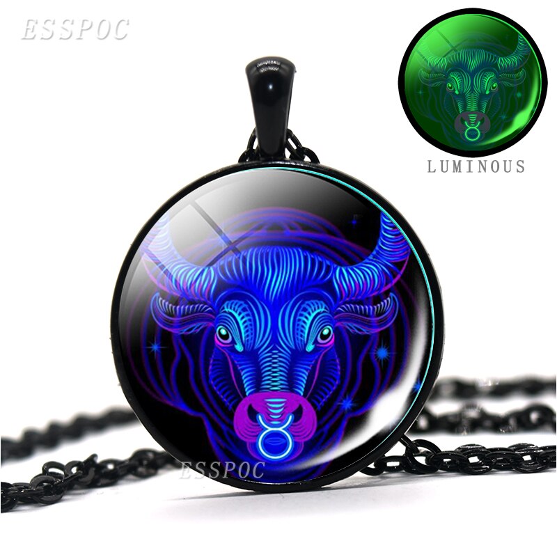 12 Constellations Zodiac Signs Luminous Glass Cabochon Necklace - Leo, Virgo, Cancer, Libra, Gemini, Pisces, Aries and More