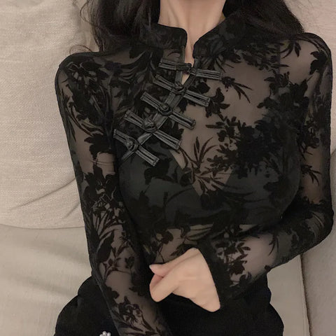 Korean New Style Chic Vintage Perspective Lace Blouse Slim Fit Cheongsam Embroidered Fashion 2020