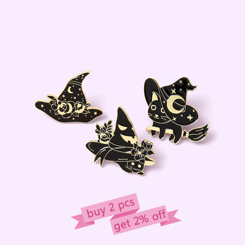 3-6pcs/set Gothic Space Punk Enamel Pin Custom Witch Cat Raven Moth Brooch Lapel Pin Badge Halloween Jewelry amazing price