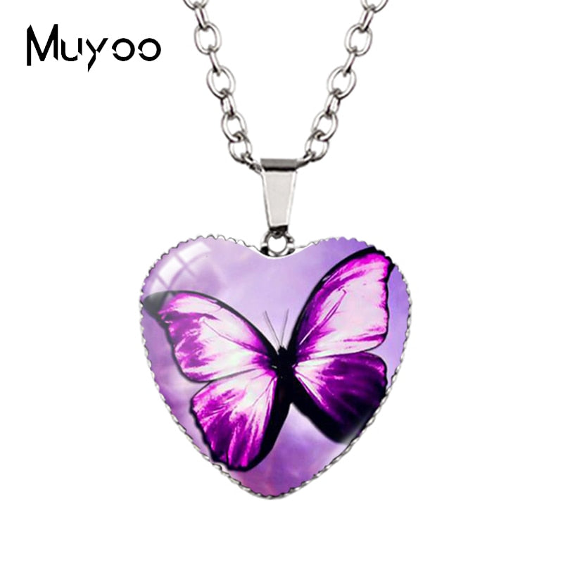 New Arrival Purple Blue Colorful Butterflies with Flower Heart Handcraft Jewelry Pendants Magical Butterfly Heart Necklace HZ3