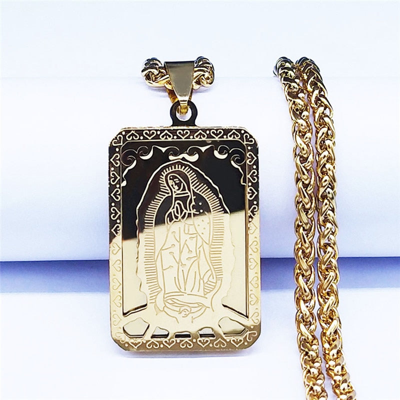 Hip Hop Virgin Mary Medal Our Lady of Guadalupe Necklace Stainless Steel Pendant Necklace Women/Men Jewelry virgen de guadalupe