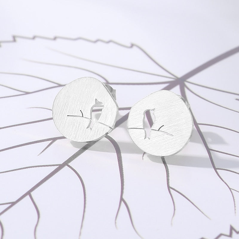 Hollow Round Shape Lovely Animal Anime Earring Women Girls Fashion Jewelry Cute Hollow Bird On A Branch Studs.