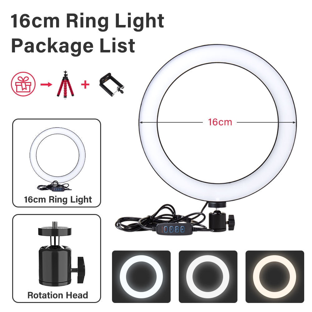 Dimmable Round Circle Light Selfie LED Round Lamps USB With Phone Holder 1.6M Tripod Stand For Tiktok Video Light Makeup Photography Set.