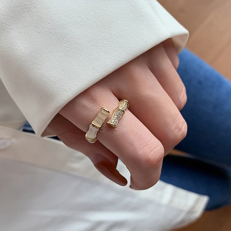 2022 New Design Opals Bamboo Shape Gold Colour Adjustable Rings Korean fashion Jewelry Party Luxury Accessory For Woman‘s Gift