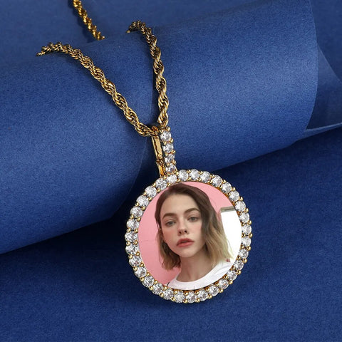 Custom Photo Roundness Solid Back Pendant & Necklace With 4mm Tennis Chain Cubic Zircon Unisex Hip hop Jewelry - Buy Online