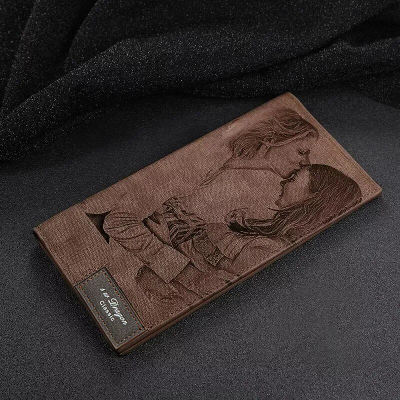 Men&#39;s Long Style Bifold Custom Inscription Photo Engraved PU Leather Wallet Soft Stitching Leather Wallet Slim Wallet