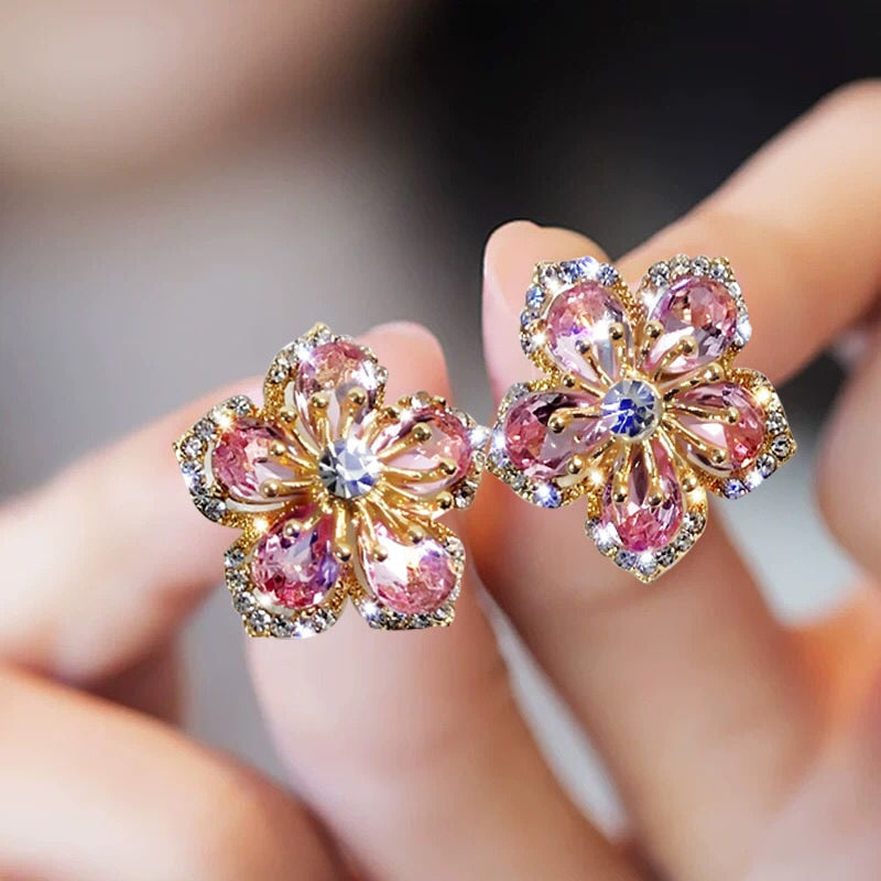 New Korea Sweet Cute Flower Crystal Temperament Geometric Shiny Zircon Earrings Statement Earrings for Women Girl Pendientes