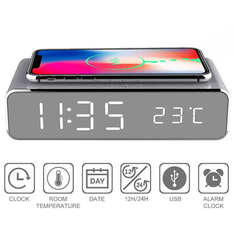 LED Electric Alarm Clock With Wireless Charger Desktop Digital Despertador Thermometer Clock HD Mirror Clock Watch Table Decor