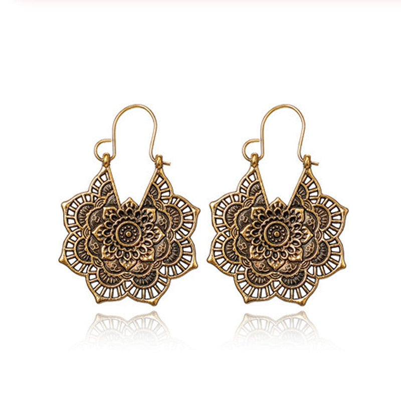 HuaTang Vintage Gold Silver Color Drop Earrings for Women Boho Geometric Carved Earrings Female Indian Ethnic Jewelry brincos