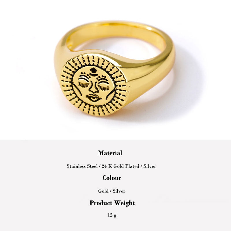 Aesthetic Ring For Men Women Stainless Steel Sun Face Punk Rings Couple Fashion Vintage Exaggeration Gothic Jewelry Cadeau Homme