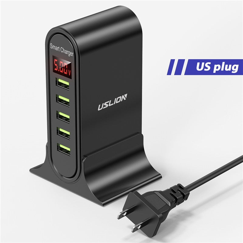 USLION USB Charger 5 Port LED Display Multi USB Phone Desktop EU US UK Plug With Digital Display Travel Wall Charger Adapter