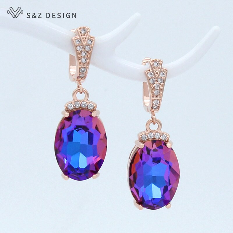 S&amp;Z DESIGN New Fashion Oval Large Crystal Dangle Earrings For Women Wedding Luxury Rose Gold Zirconia Jewelry