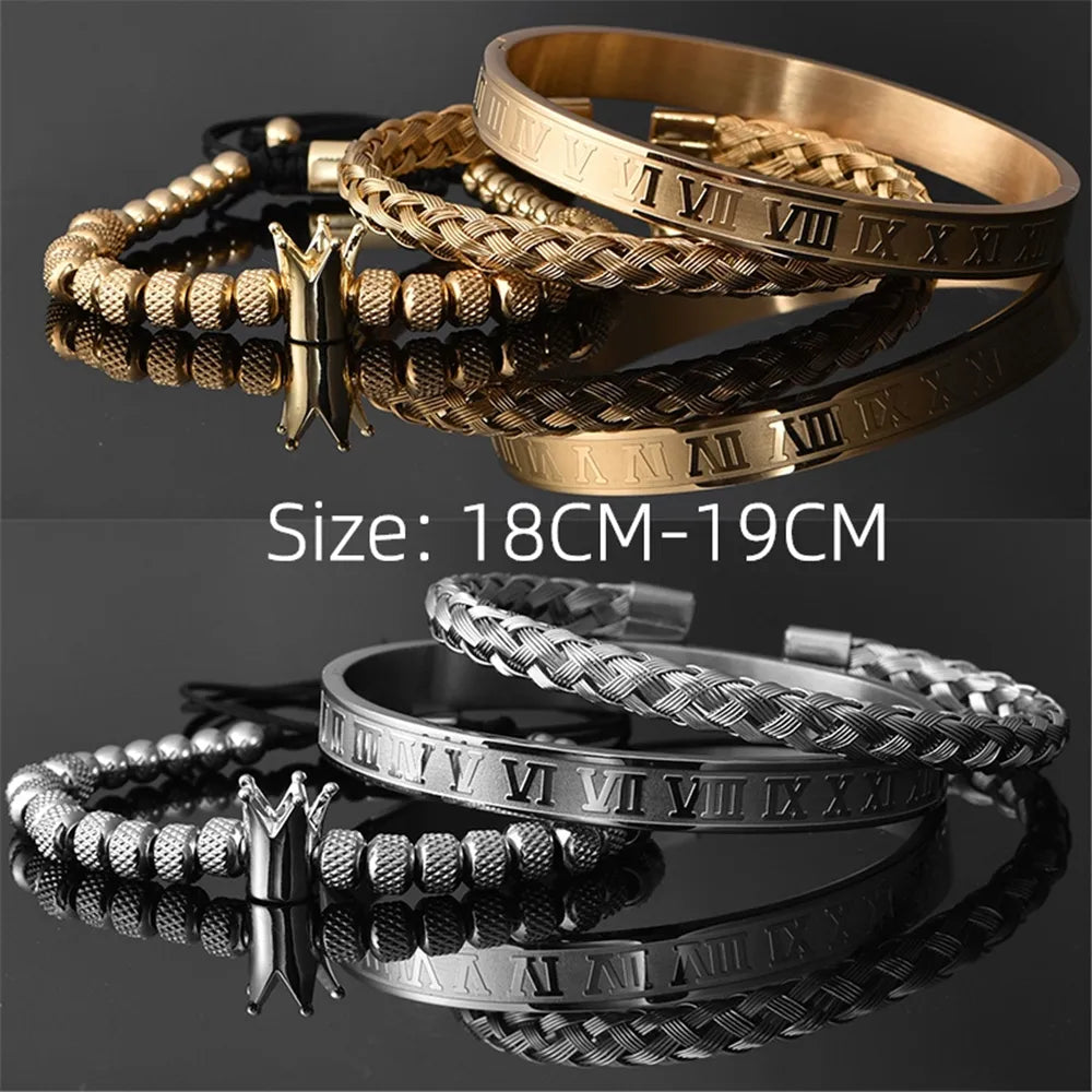 Luxury Roman Royal Crown Charm Bracelet Men Stainless Steel Geometry Pulseiras Men Open Adjustable Bracelets Couple Jewelry Gift