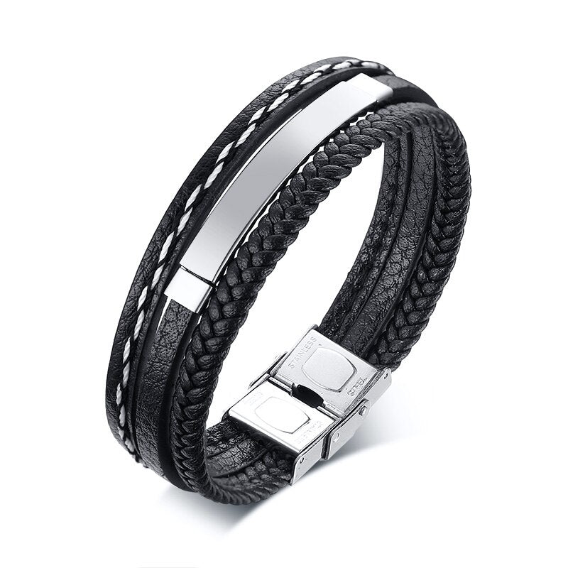 Vnox Personalize Engrave Name Men Multi-Layer Black Leather Wrap Bracelets Custom BFF Family Love Gifts Jewelry