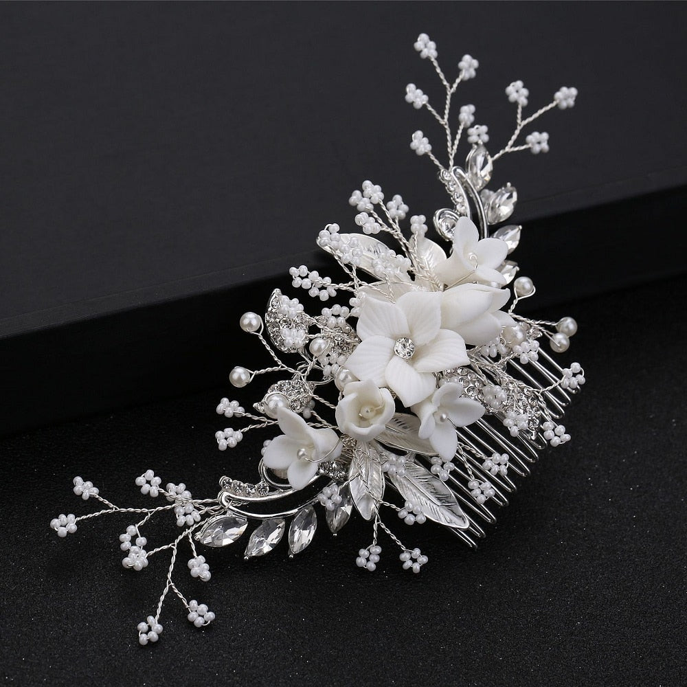 White Flower Rhinestone Pearl Hair Comb Bridal Hair Accessories Elegant Wedding Hair Comb Women Head Ornaments Headband