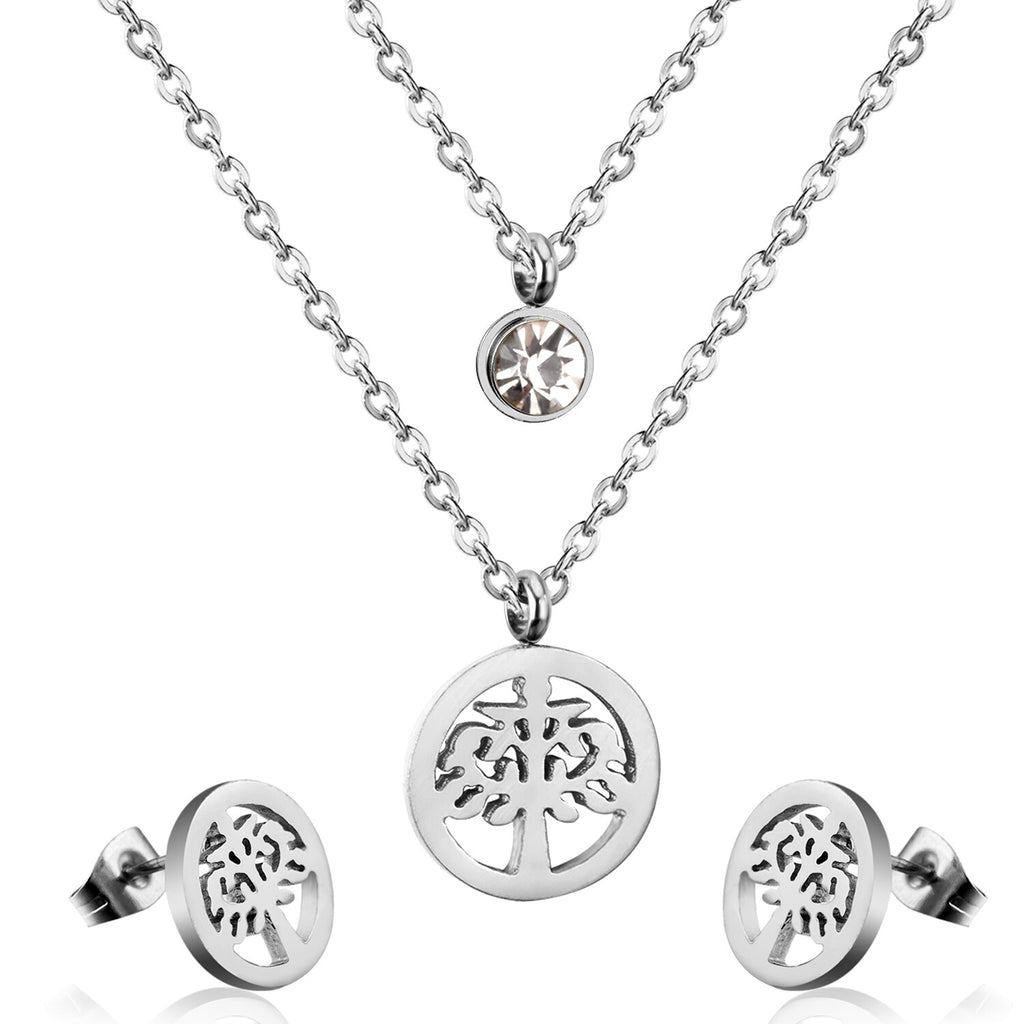 Stainless Steel Crystal Jewelry Set for Women and Girls: Luxury Double Round Pendant Necklace and Earrings.