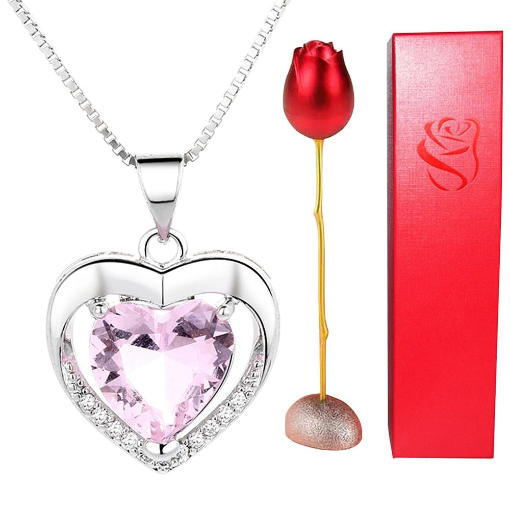 Rose Holder Eternal Love Necklace Set Romantic Rhombus Zircon Pendant With Immortal Valentines&#39; Day Gifts