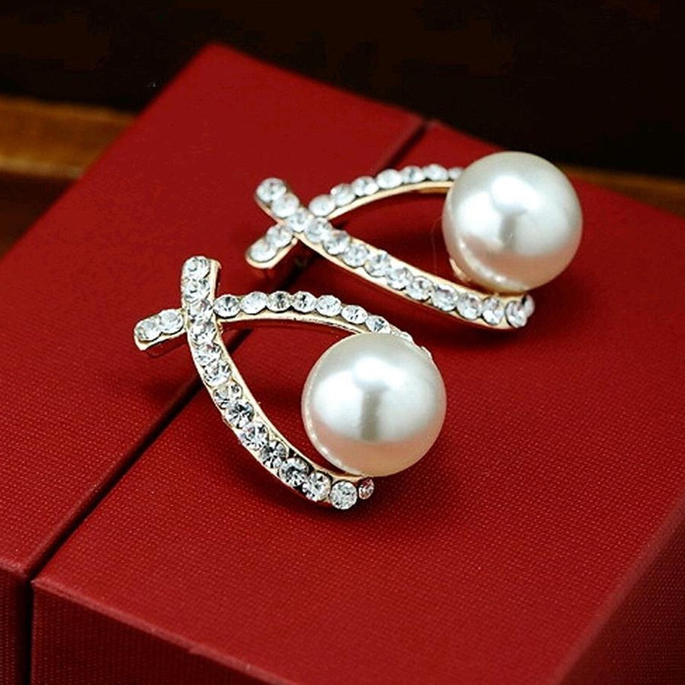 Korea New Fashion Gold Silver Color Cross Crystal Stud Earrings for Women Elegant Cute Pearl Earrings Brincos Jewelry Wholesale