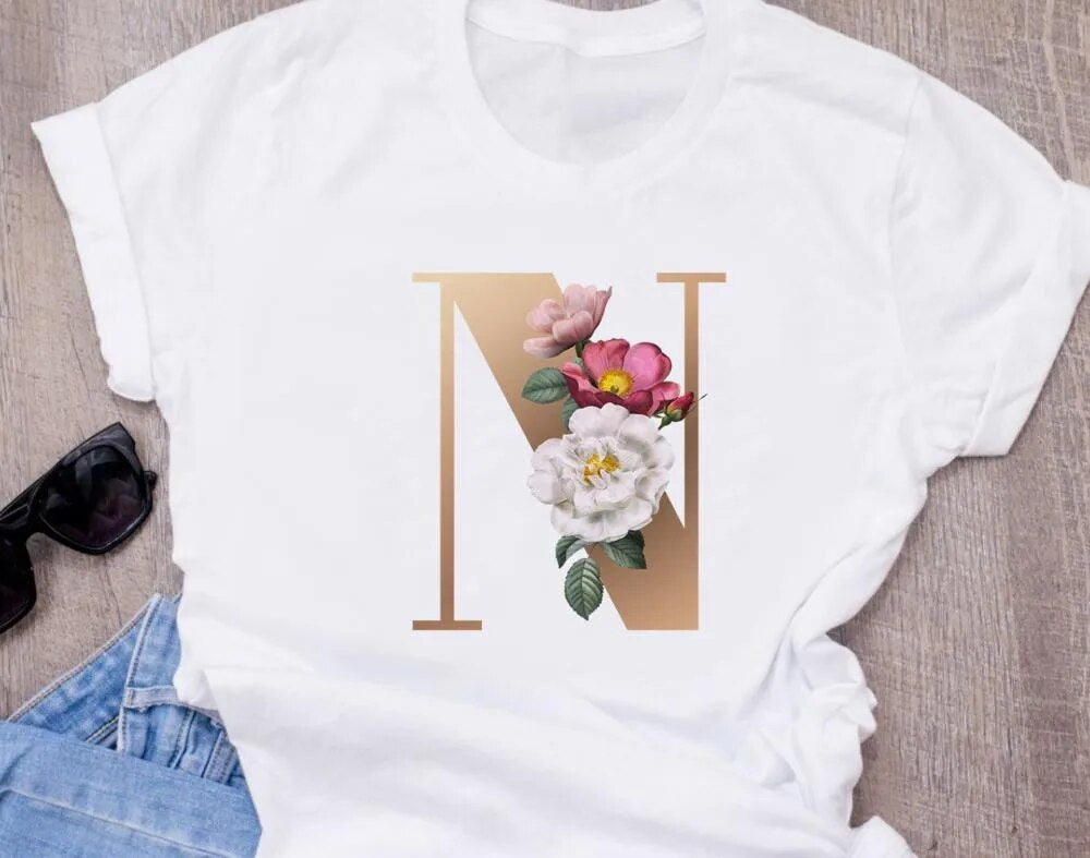 Custom name letter combination women&#39;s High quality printing T-shirt Flower letter Font A B C D E F G Short sleeve Clothes