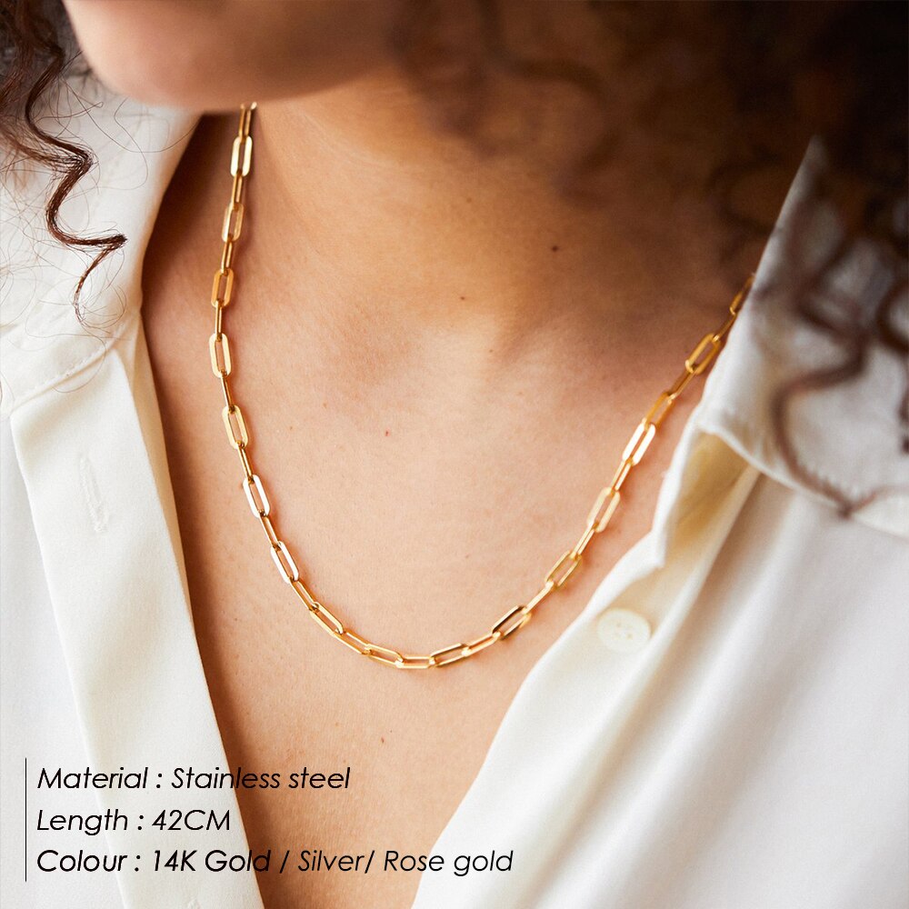 eManco 2022 Hot Fashion Paperclip Link Chain Women Necklace Stainless Steel Gold Color Chain Necklace For Women Men Jewelry Gift