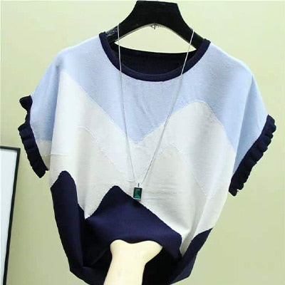 Shintimes Short Sleeve Casual Female T-Shirt Women Knitted Stitching Color Tee Shirt Femme Summer Loose Top.