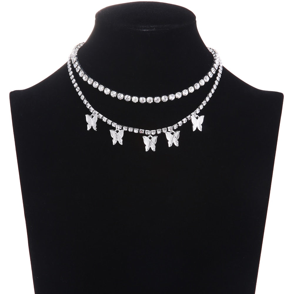 Rhinestone Butterfly necklace set wholesale charms crystal choker necklace for women Tennis Chain Trendy Luxury jewelry