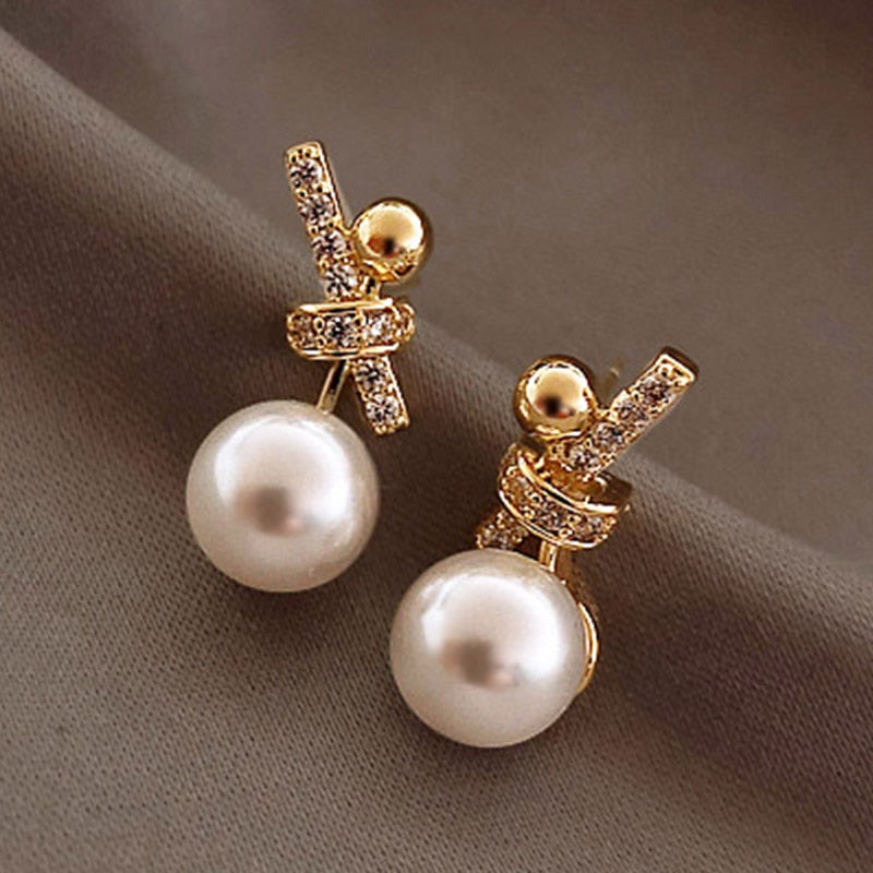 New Korean Style White Pearl Drop Earrings for Women Shiny Rhinestone Temperament Earring Wedding Party Engagement Jewelry