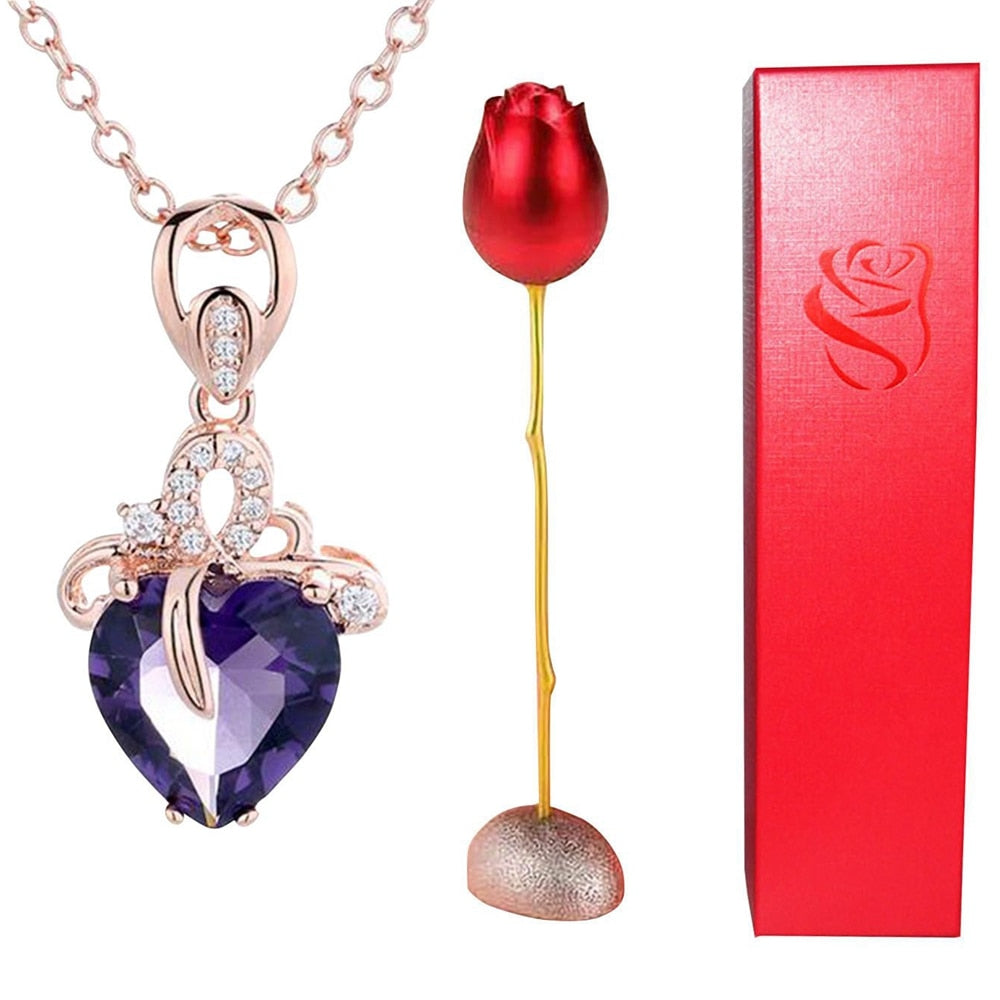 Rose Holder Eternal Love Necklace Set Romantic Rhombus Zircon Pendant With Immortal Valentines&#39; Day Gifts