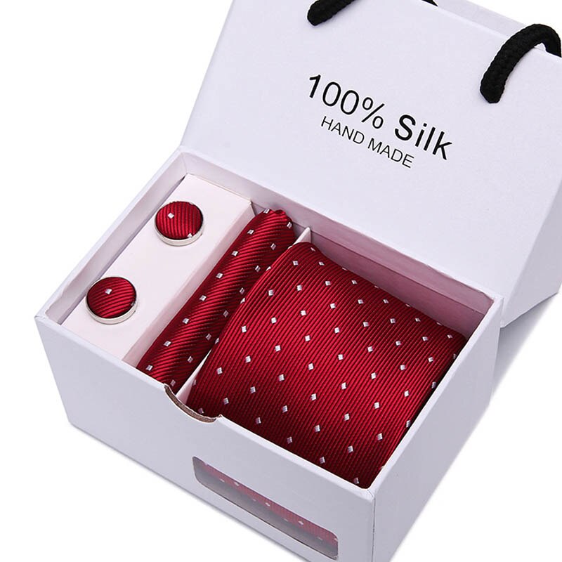 Joy alice New Men's Tie Hanky Cufflinks Set With Gift Box Red polka dot Fashion Ties For Men Wedding Business Party Groom SB43