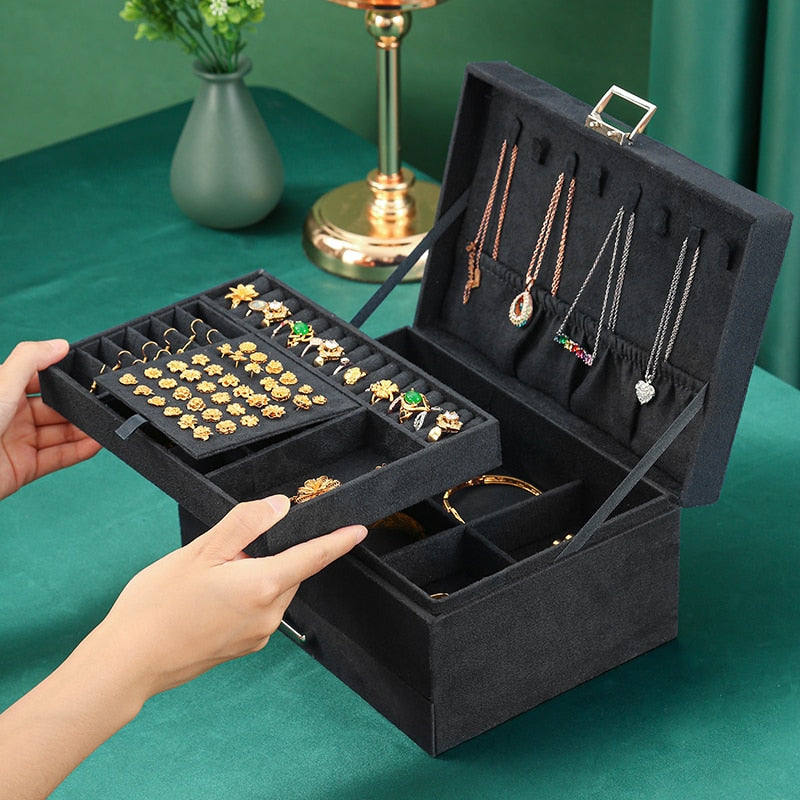 WE Oversized 3-layes Black Flannel Jewelry Box boite a bijou Jewelry Organizer Necklace Earring Ring Storage Box for Women Gifts