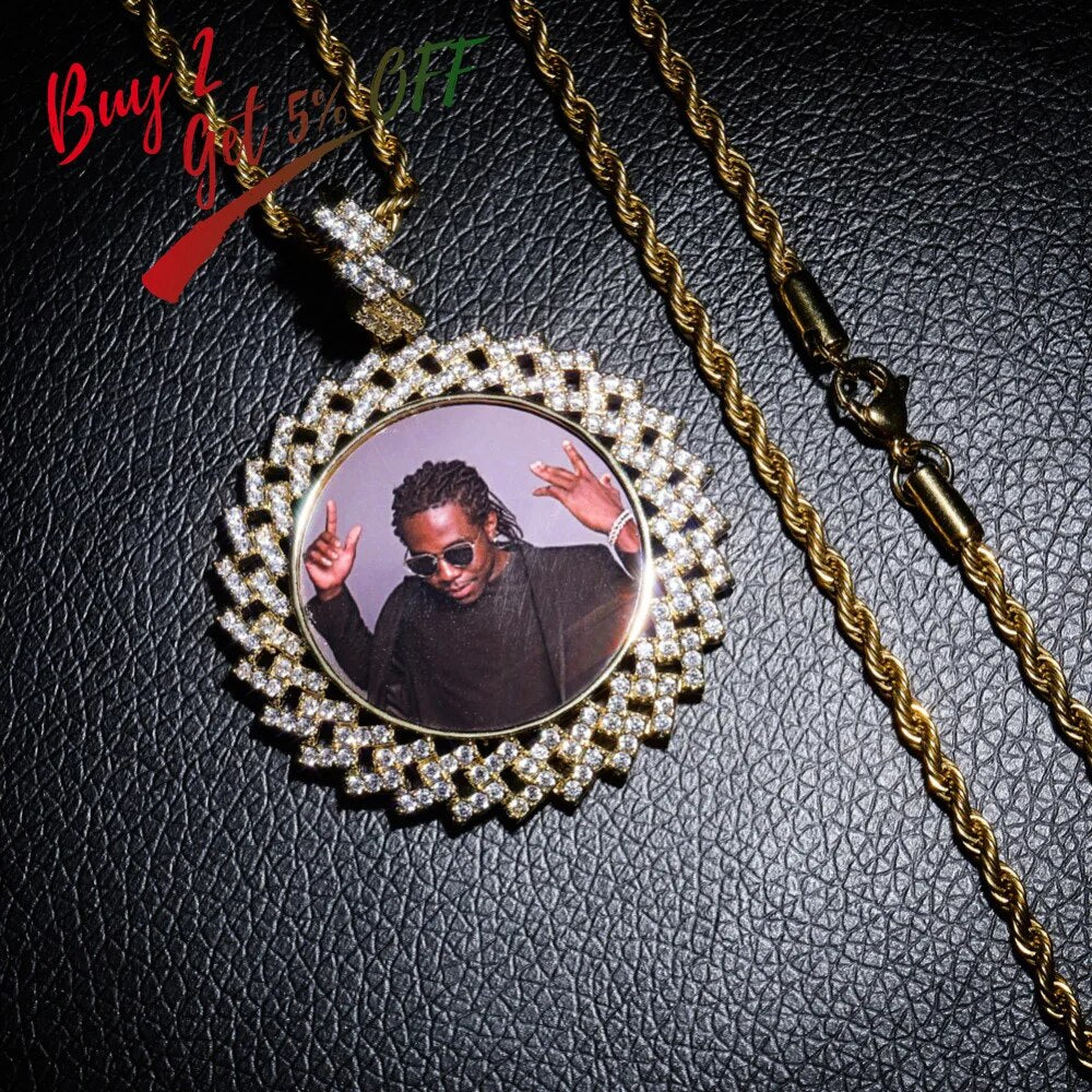 TOPGRILLZ Custom Made Photo Round Medallions Necklace &amp; Pendant with 4mm Tennis Chain Gold Silver Cubic Zircon  Hip hop Jewelry