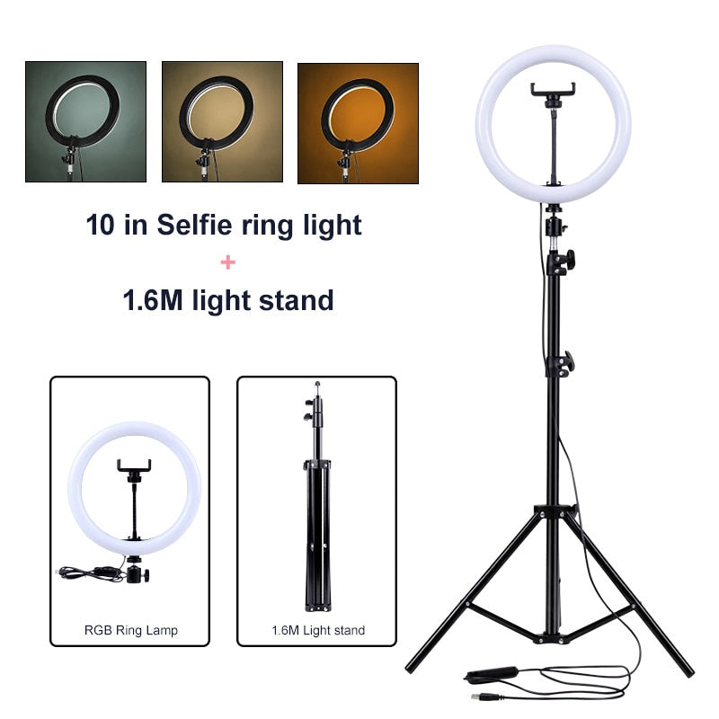 PYNSSEU 26cm LED Circle Round Light with 1.1/1.6/2.0M RGB lamp Stand Dimmable 10" Selfie Circle Round Lamp with Phone Clip for Youtube Makeup