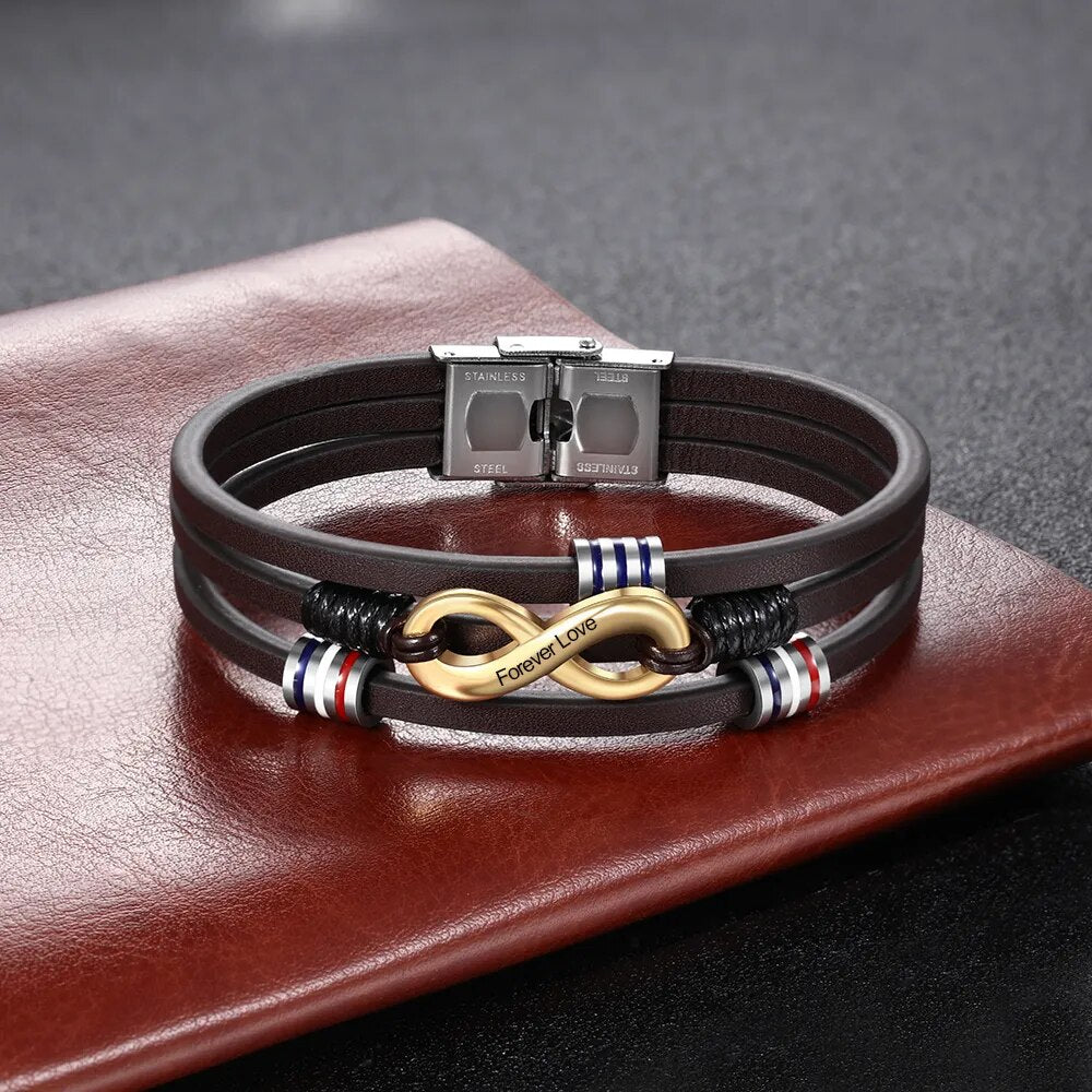 JewelOra Customized 3-Layers Brown Leather Bracelets for Men Personalized Engraving Name Infinity Wristband Bracelets